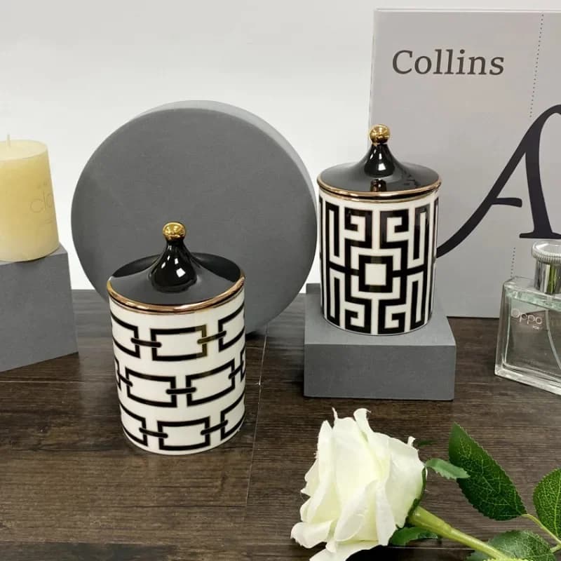 Geometric Scented Candle Jar Art Labyrinth Stripe Ceramic Storage Biscuit Jar Candy Storage Bottle Food Container Home Decor