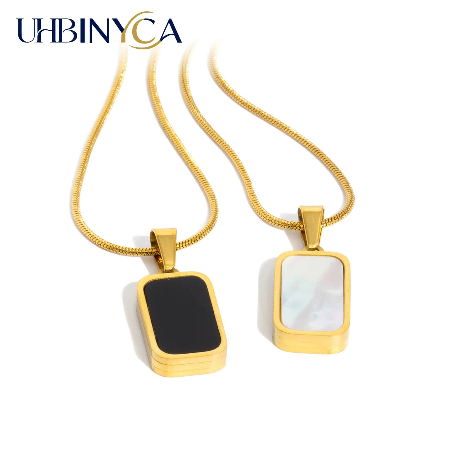 Double Sided Square Pendant Necklace for Women - Hypoallergenic 18K Gold Plated Stainless Steel -Shell & Acrylic Fashion Jewelry