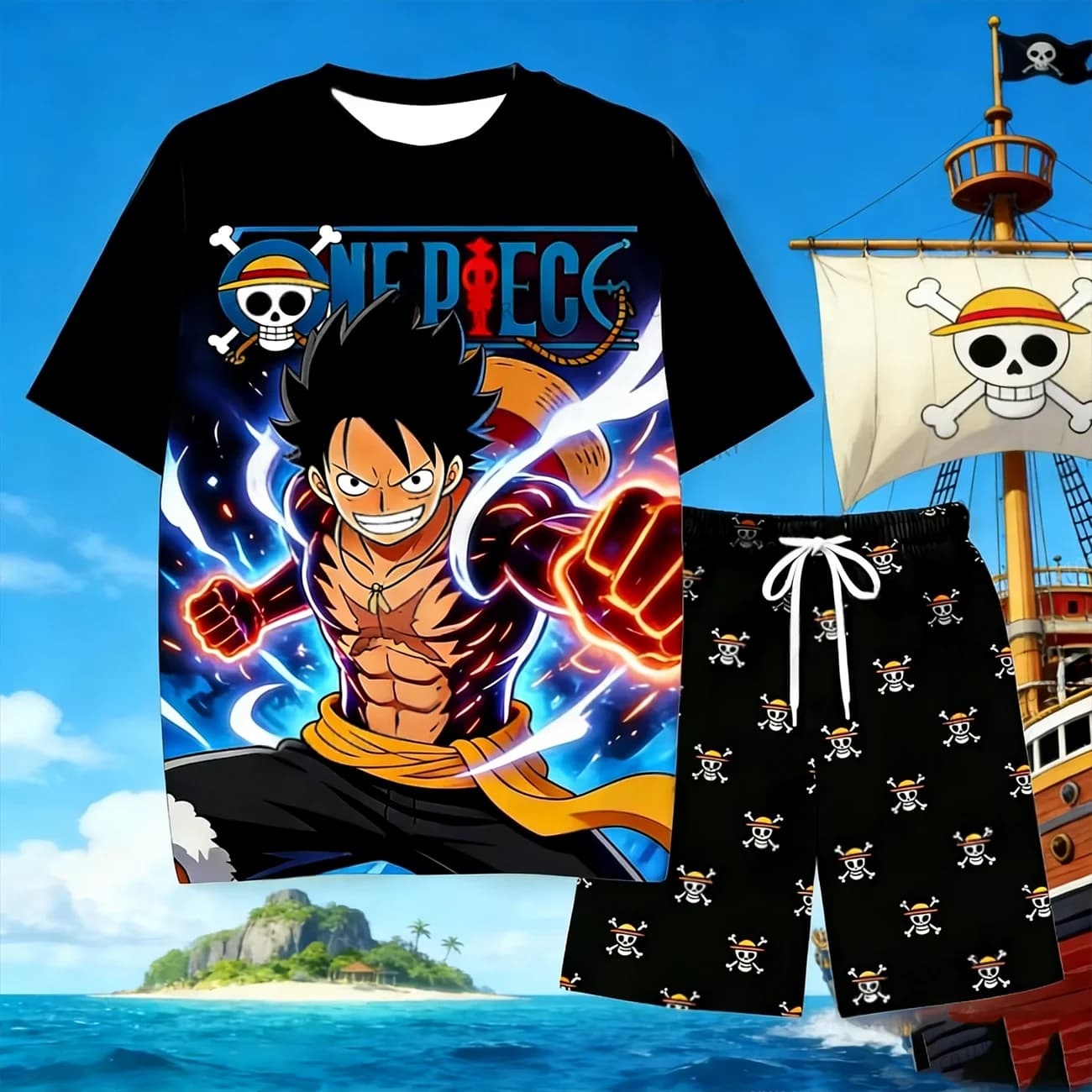 One Piece Luffy Pajama Set Anime Skull Character Sleepwear Soft Short Sleeve T-Shirt and Shorts for Men Women Summer Set
