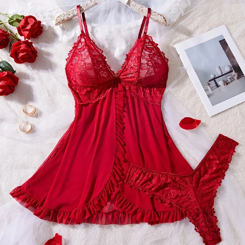Summer Ultra-thin Nightgown Lace Thong Sets Women's Sexy Pyjamas Hot Night Dress Comfortable Sleepwear V NeckSleepwear & Dresse
