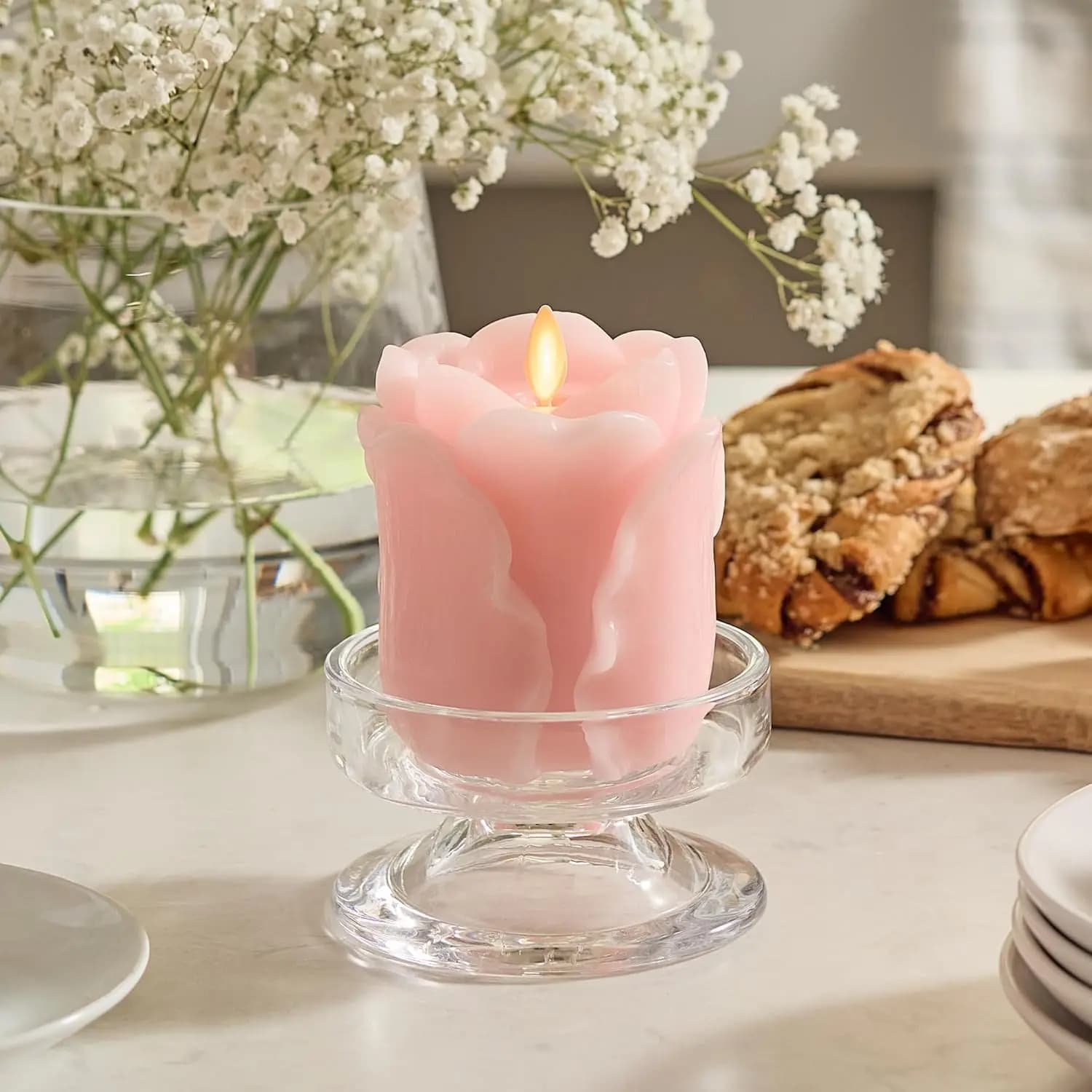 Candela a pilastro a forma di bocciolo di rosa da 3,6 x 4,3 pollici - LED con fiamma tremolante realistica - Perfetta per la festa della mamma