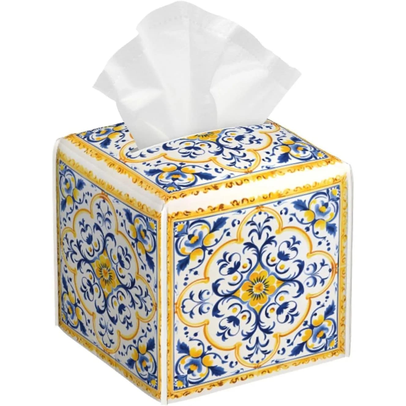 Square PU leather waterproof handkerchief box holder with blue yellow ceramic tile box cover for table decorations for cars, bathroom, office