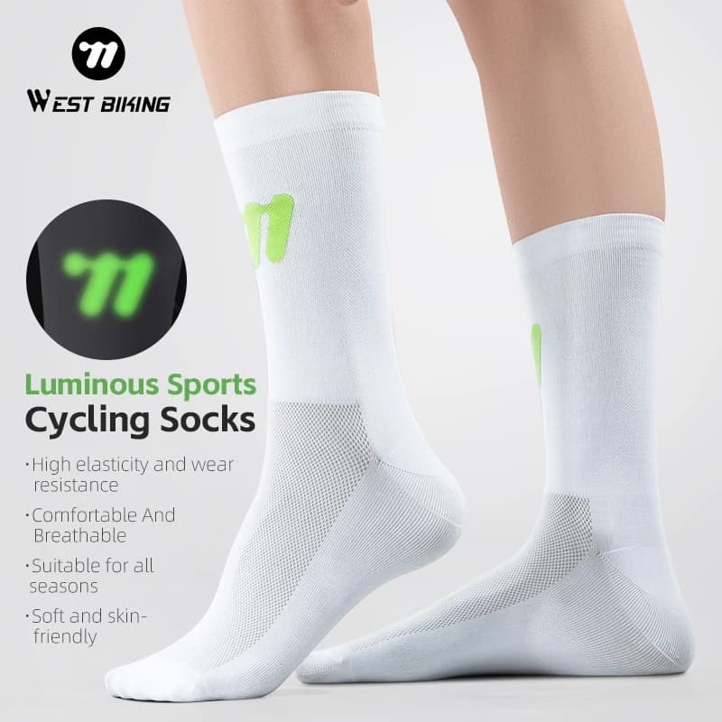 WEST BIKING Luminous Cycling Socks Breathable Mid-calf Bike Socks Night Riding Elastic Anti-wear Sports Socks for Men Women