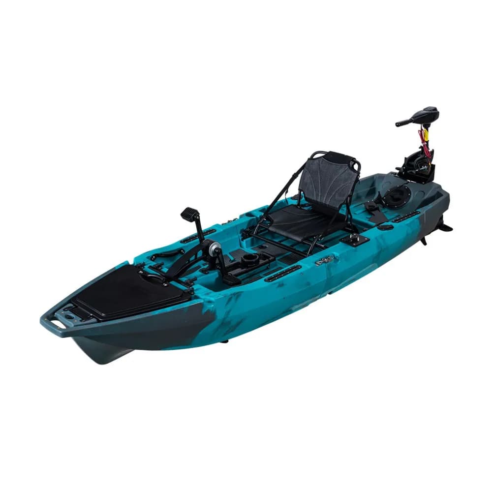 Kayak da pesca con propulsione a pedali e motore, scafo in plastica, pagaia e sedile girevole per acqua di mare - Promozione vendite