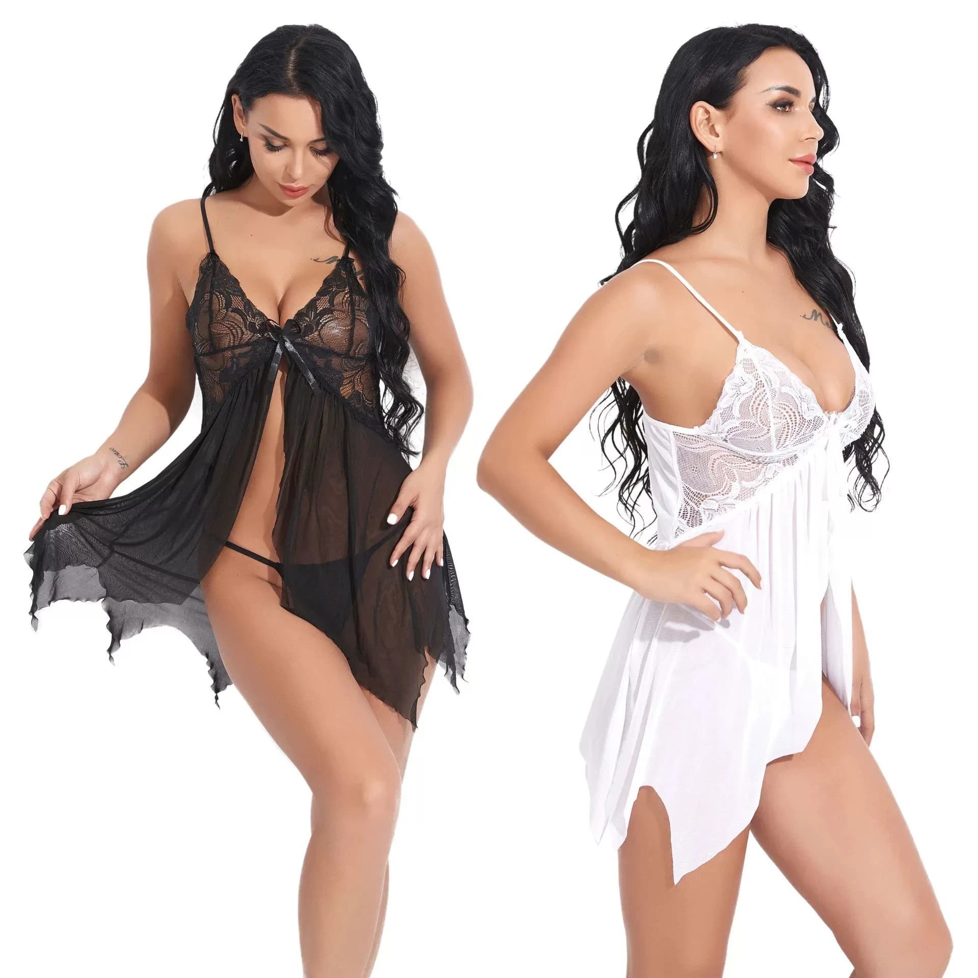 Abito da notte con scollo all'americana Lingerie erotica Abito di pizzo sexy Gonna maglione trasparente Garza Minigonna divertente Uniforme da discoteca Abiti fantastici