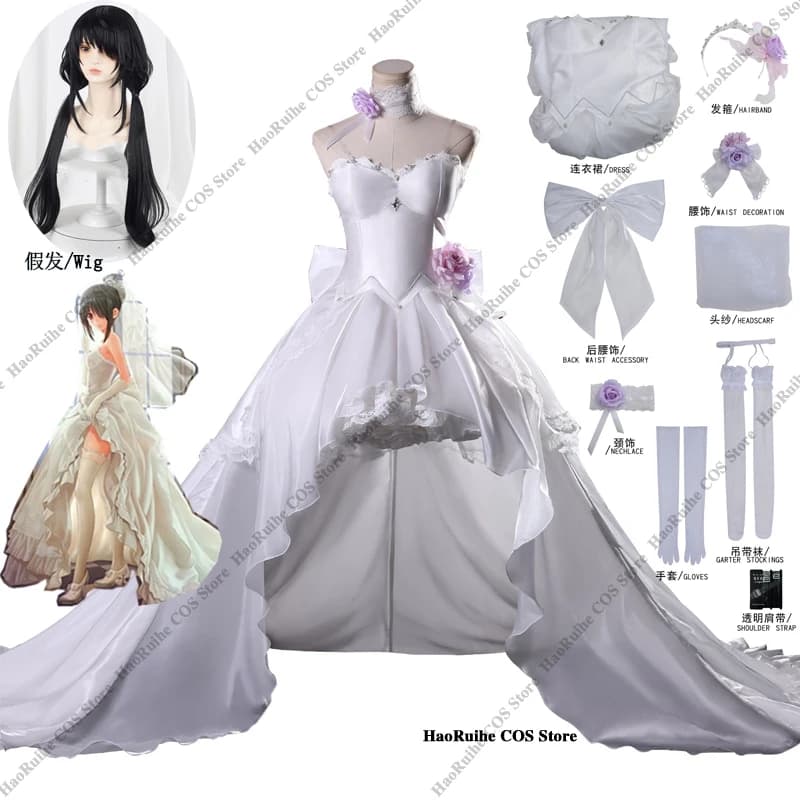 Costume Cosplay DATE A LIVE Tokisaki Kurumi, Parrucca, Abito da Sposa Bianco, Gonna, Copricapo, Papillon per Donne e Ragazze, Accessorio per Halloween e Feste