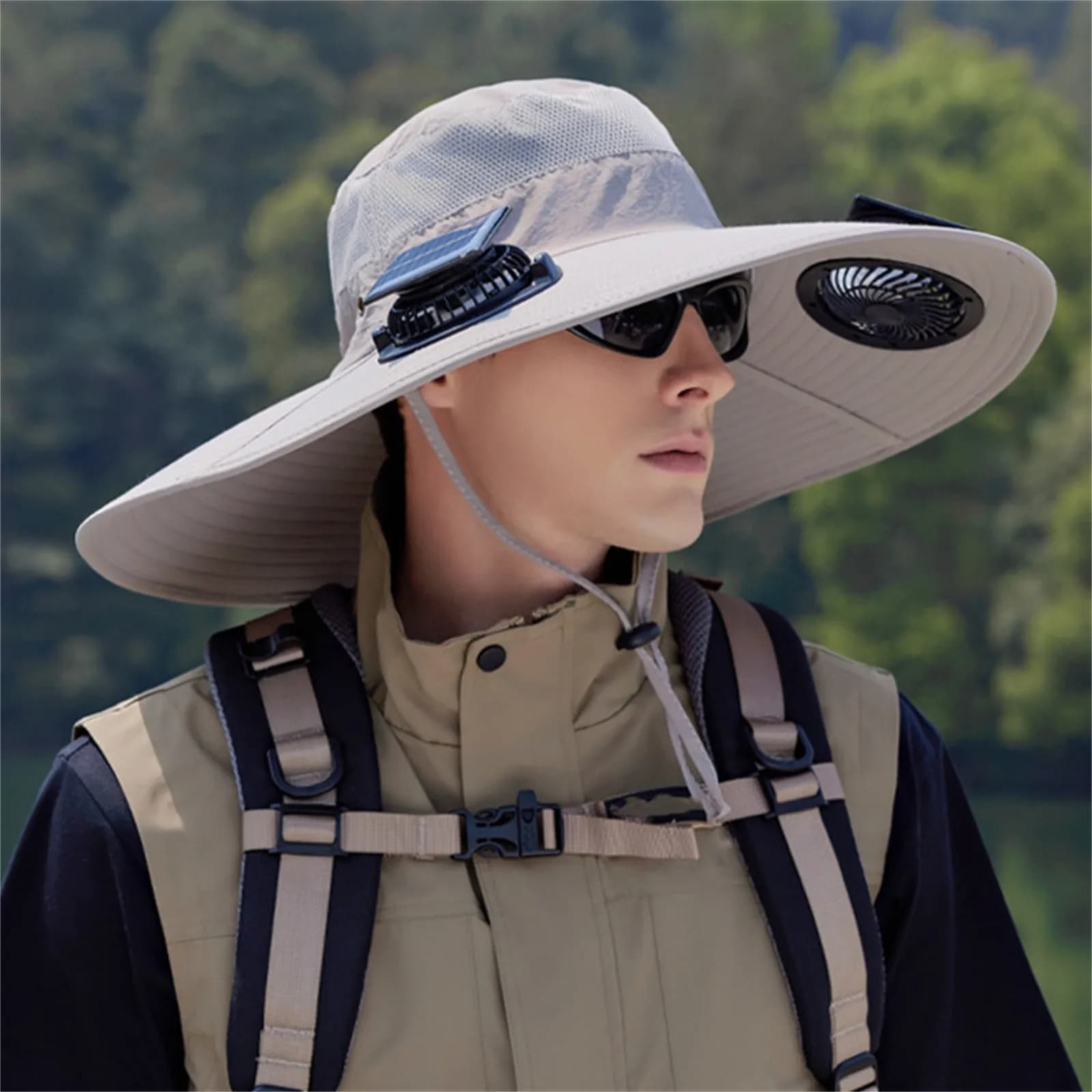 Breathable Mesh Top Dual Solar Fan Sun Hat Wide Brim Anti-UV Design fit Mens Outdoor Hiking Beach Farming Summer Cool
