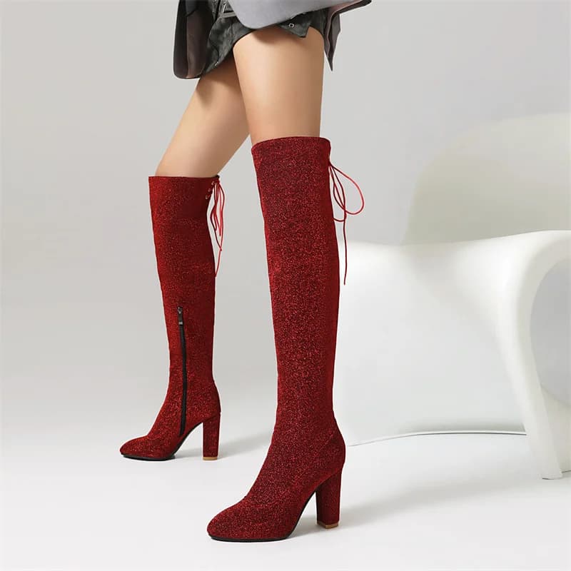 Drop Ship Sexy Bling paillettes panno stivali sopra il ginocchio signore tacco alto nero 2024 scarpe da festa per le donne inverno di grandi dimensioni 45