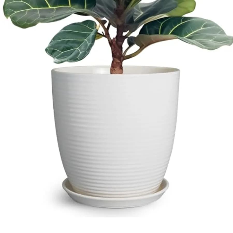 12 Inch Ceramic Vase, Large Vase with Draining Hole and Underwater, Round Vase for Indoor and Exterior Plants, White