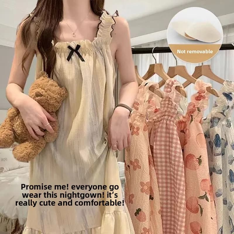 Cute Sexy Spaghetti Strap Nightgown For Women 2024 Summer New With Built In Bra Ladies Home Wear Sleep Dress Can Outwear