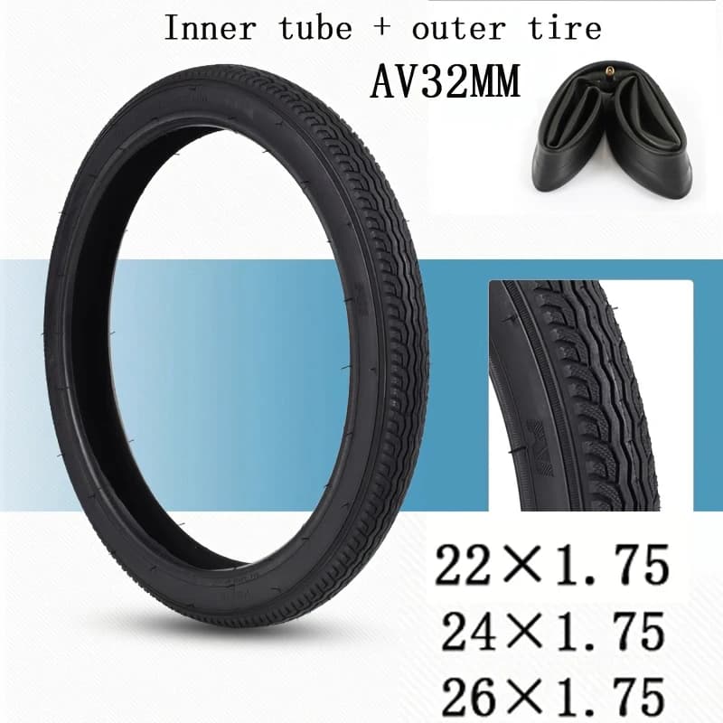 Set di 2 Pneumatici e Camere d'Aria per Bicicletta 22/24/26 x 1,75 Pollici, Gomme Esterne per Bici da Strada con Valvola Americana AV32mm, Parti per Ruote da Ciclismo