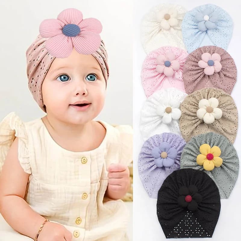 3D Fiore Del Bambino Turbante Cap Estate Traspirante Hollow Cappello Indiano Solido Cotone Neonati Foulard Berretti 0-2Y Accessori Per Capelli Per Bambini