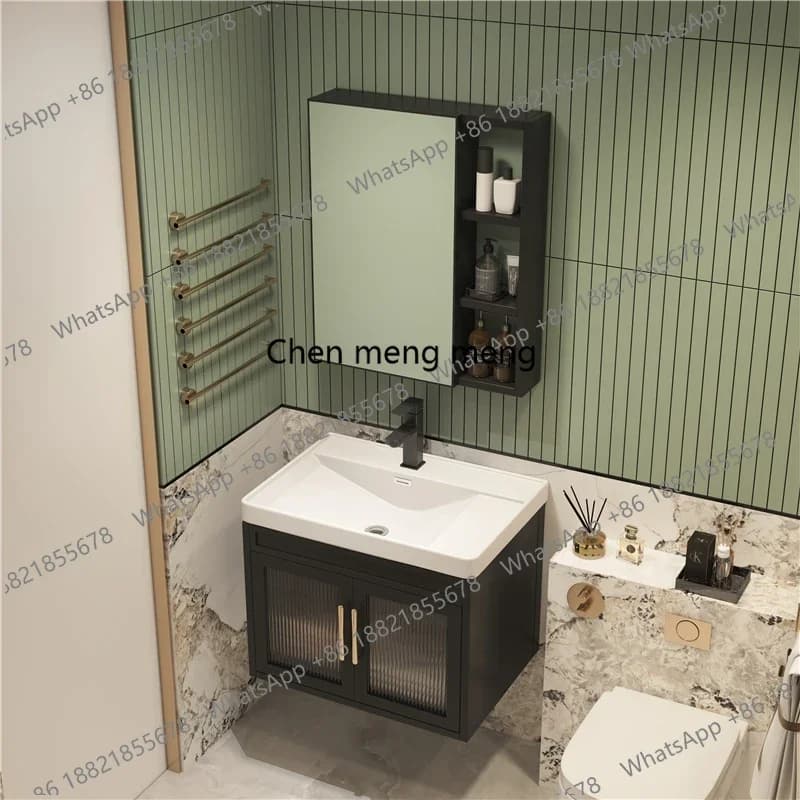 Mobile Bagno Moderno Semplice con Specchio Integrato, Combinazione Armadietto a Parete in Lega di Alluminio e Lavabo in Ceramica, Arredamento Bagno