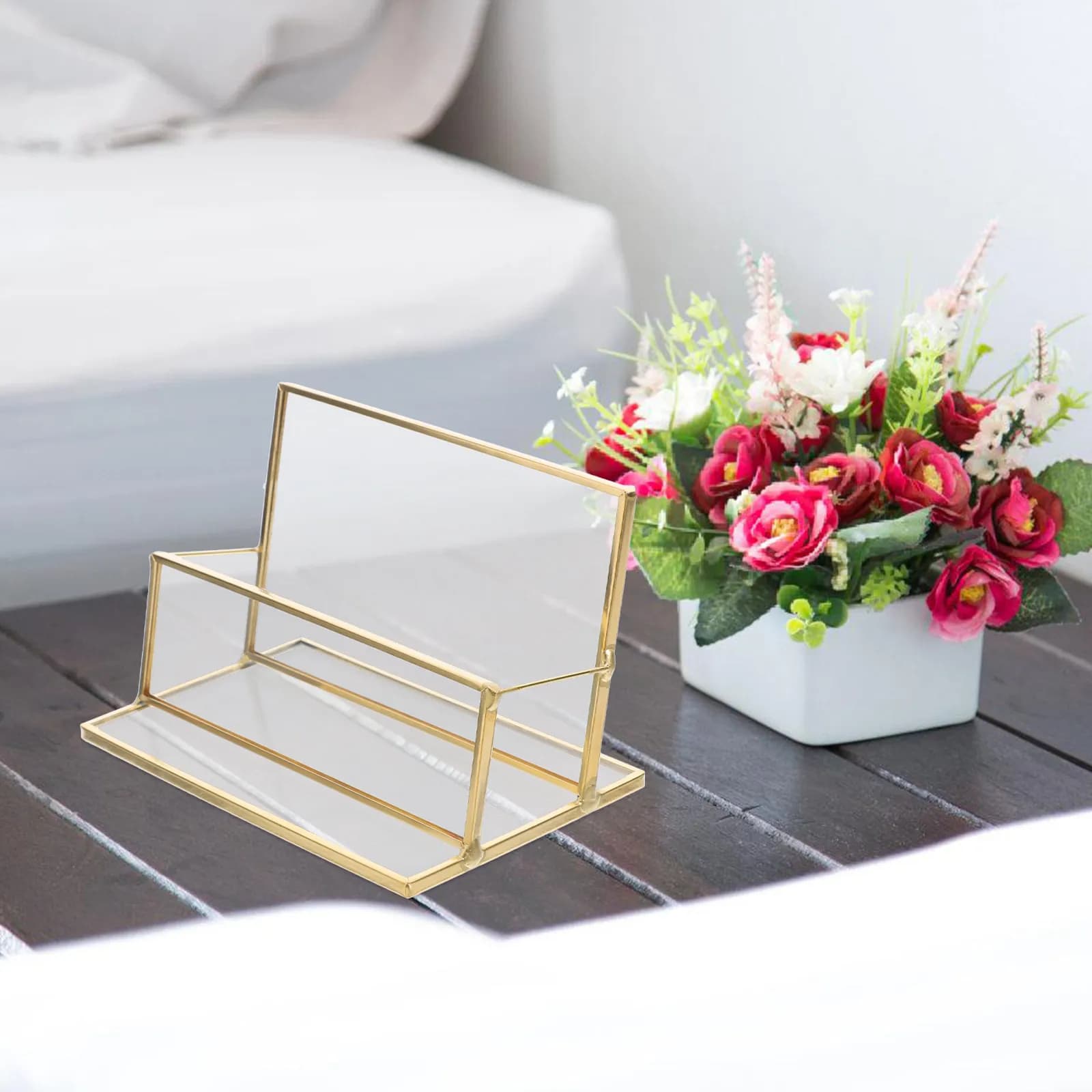 Business Cards Holder Brass Metal Glass Desktop Card Holder Display Case Office Desk Organizer Card Storage