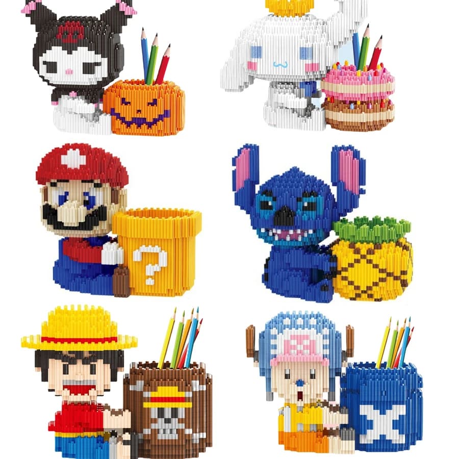Linkgo Sanrio Building Blocks Rufy Stitch Chopper Pochacco Kuromi Assemblaggio fai da te Super Mario Puzzle Portapenne Mini mattoni Giocattoli