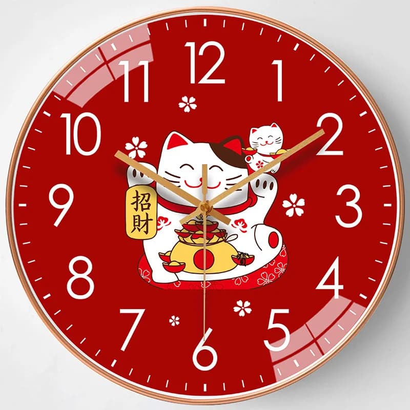 Orologio da Parete Rotondo Gatto Portafortuna Giapponese, Orologio Decorativo Gatto Rosso Cartone Animato, Orologio da Parete Silenzioso al Quarzo Semplice e alla Moda per Camera da Letto