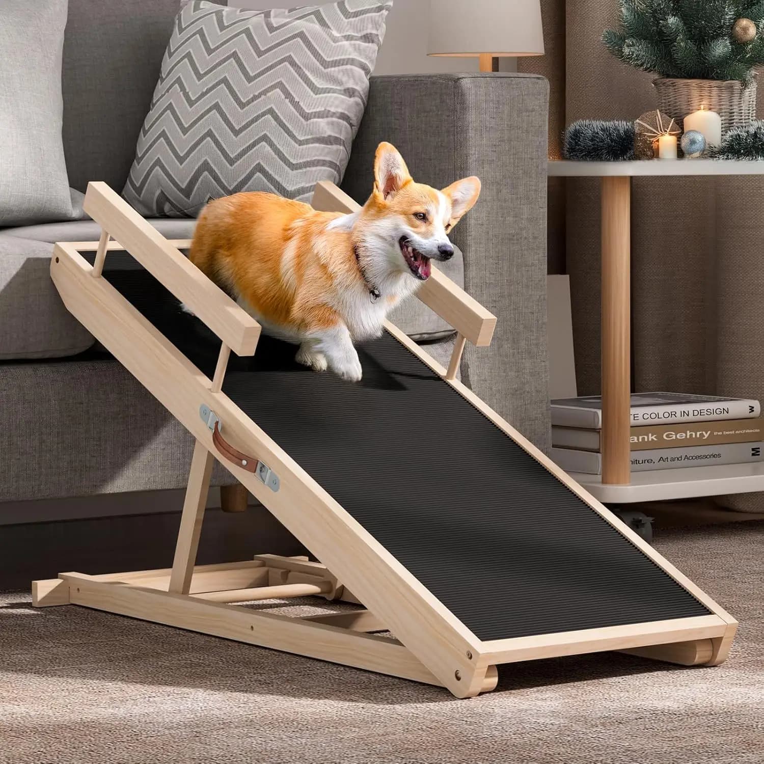 Rampa regolabile per cani per letto, divano, auto - Scale pieghevoli in legno con tappetino antiscivolo e ringhiere di sicurezza, supporta fino a 200 libbre