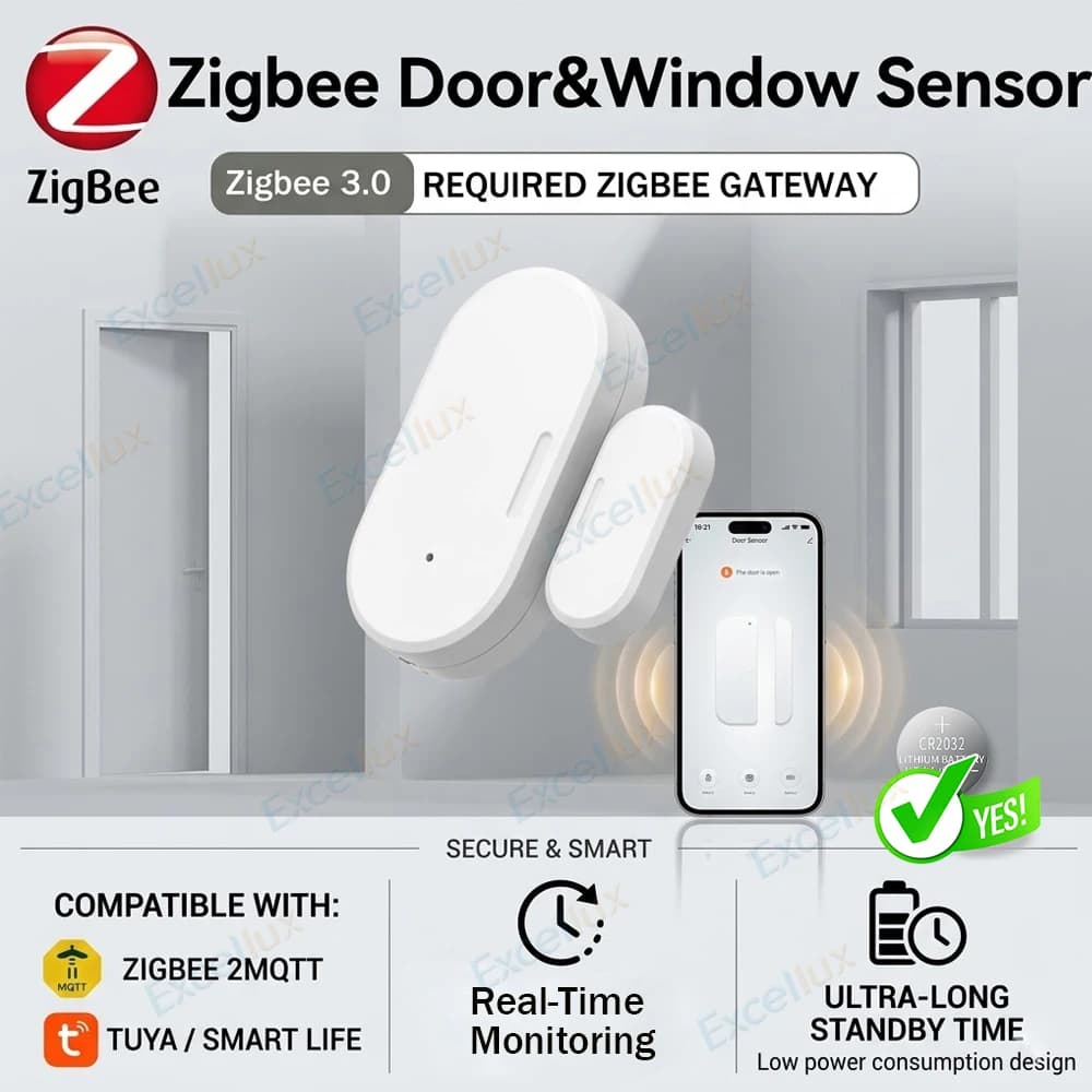 Sensore per Porte e Finestre Tuya Zigbee, Rilevatore di Apertura/Chiusura, Allarme Smart per la Sicurezza Domestica, Compatibile con Smart Life Z2M