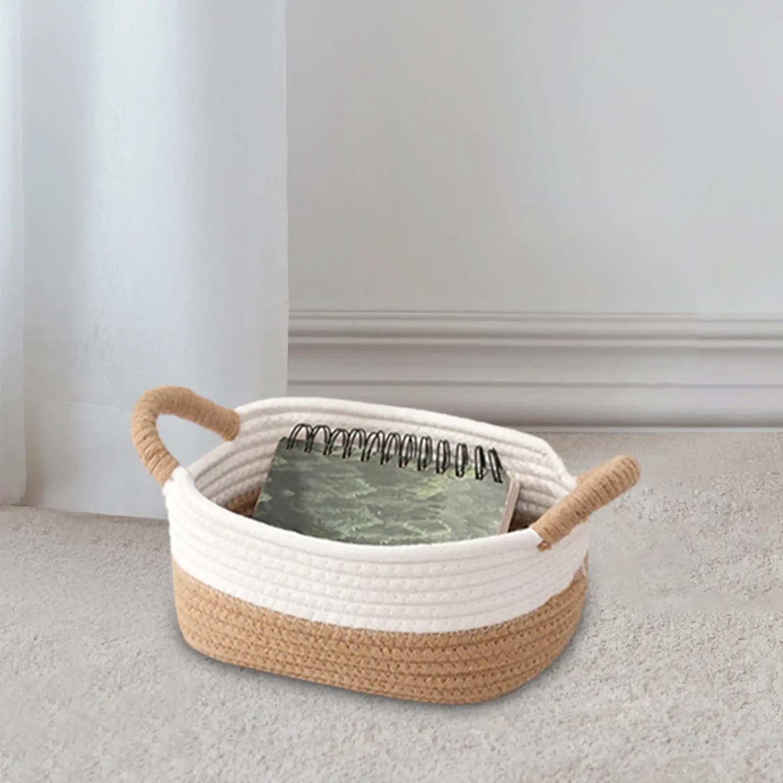 Small Woven Cotton Rope Storage Basket with Handle Rectangle Bin for Laundry Sundries and Toys