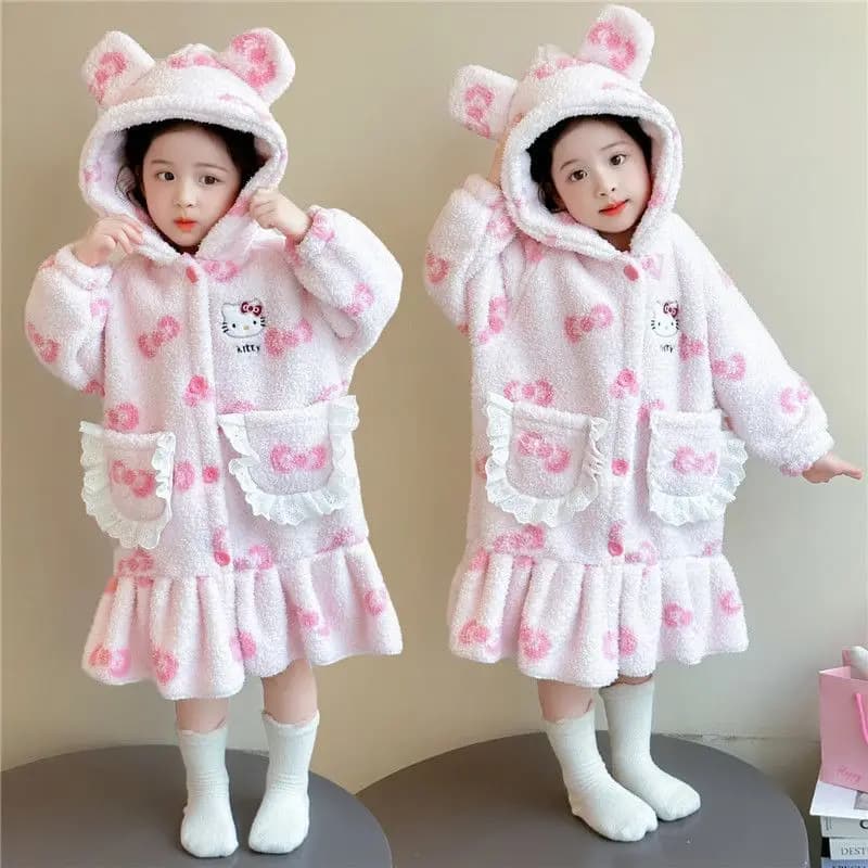 Sanrio Girl Hello Kitty Choral Velvet Pijama Robe Kawaii Children Homewear Anime Student Winter New Bathrobe with hood thickening