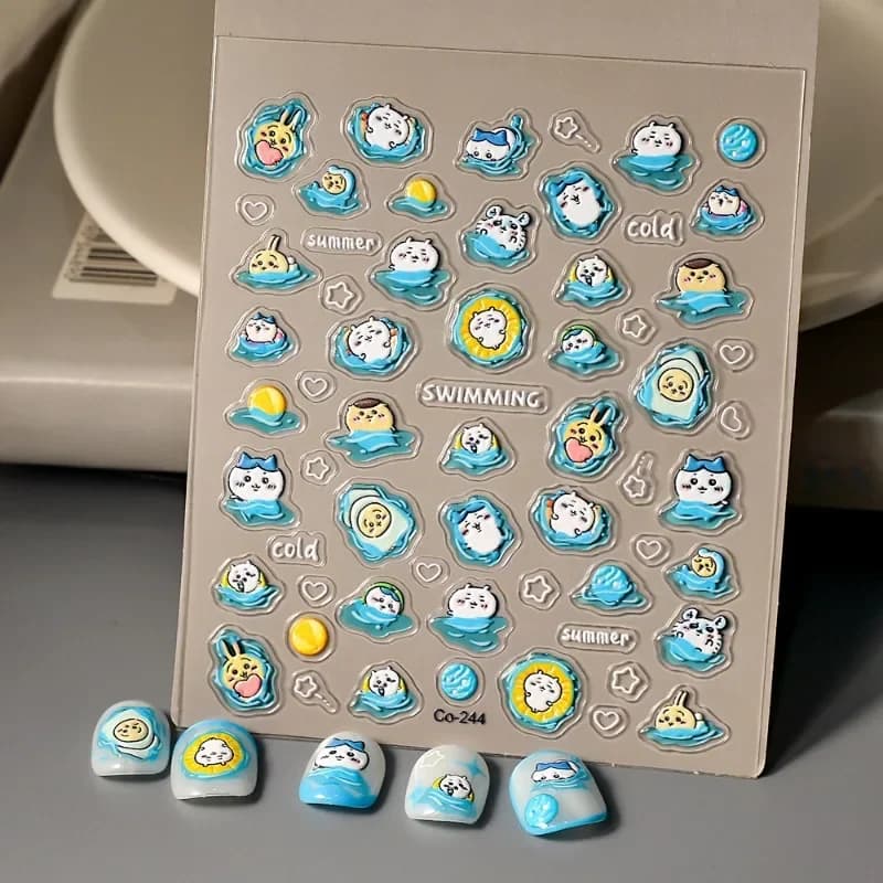 Nuovi Adesivi per Unghie Chiikawaed: Accessori per Nail Art Autoadesivi con Cartoni Animati, Tema Estivo Fresco e Vacanze in Piscina, Idea Regalo