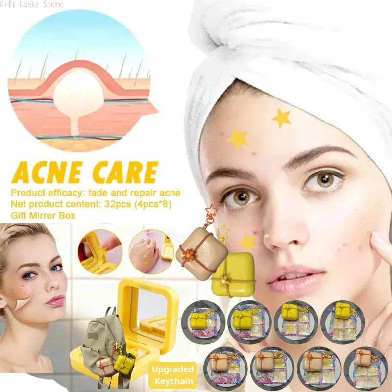 Patch per l'acne gialla Riparazione dello sbiadimento Adesivi per la rimozione invisibile Strumento per il trucco correttore carino Portachiavi stile stella con scatola di immagazzinaggio a specchio