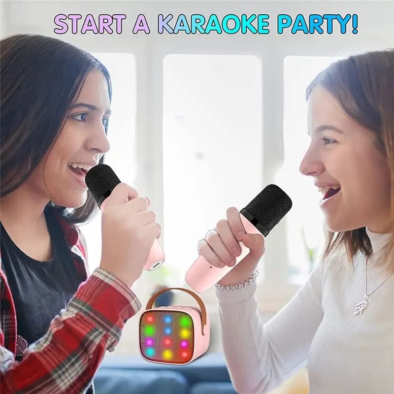 DTC5 Mini Karaoke Machine with 2 Wireless Microphones for Kids Adults, 18 Pre-Loaded Songs, Portable Bluetooth, Pink