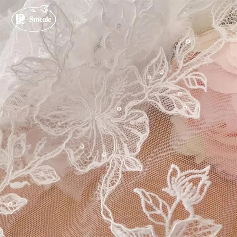Applique Sequin Embroidery Flower Lace Fabric, Advanced Border Bride Fabric. High Quality Wedding Dress Sewing Accessories