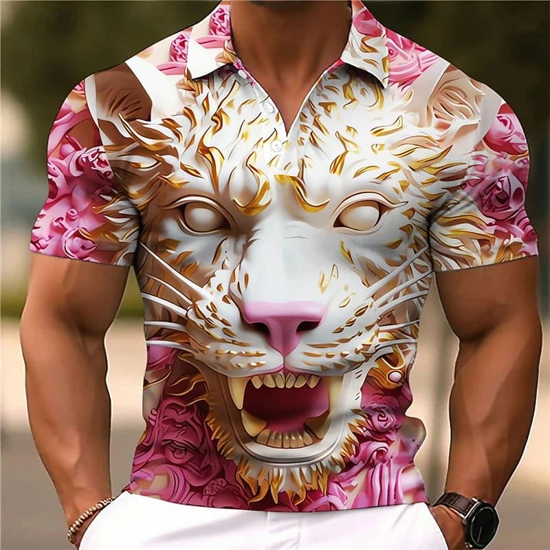 Polo di Lusso con Accenti Dorati e Stampa 3D Testa di Tigre Bianca, T-Shirt Rosa Floreale a Maniche Corte per Uomo, Casual e Sportiva