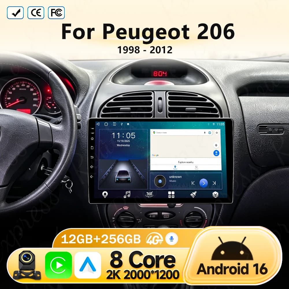 Autoradio Carplay Auto 8Core Player Android 16 per Peugeot 206 1998 1999 2000 - 2012 GPS Multimedia Head Unit 2 DIN Stereo Video