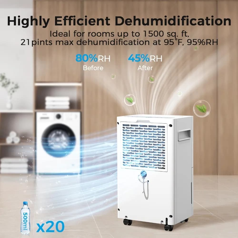 Deumidificatore da 1500 mq, 21 Pint, con Tubo di Scarico per Seminterrato e Grandi Ambienti, Controllo Intelligente - NUOVO