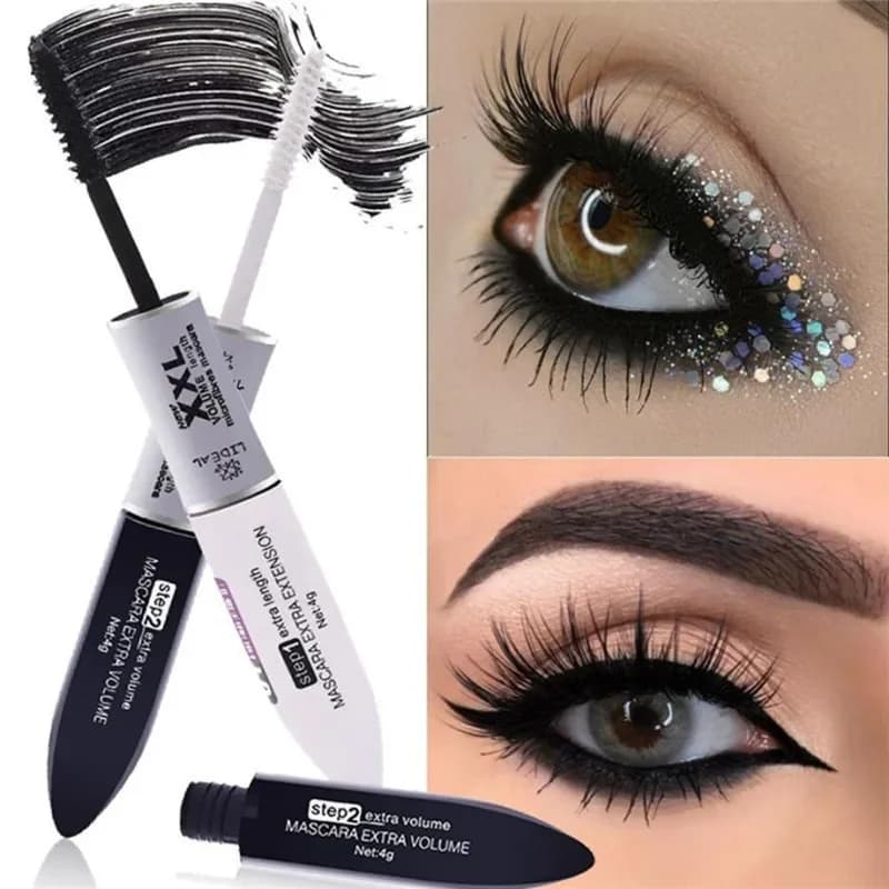 Trucco 2 IN 1 4D Fibra di seta Mascara per occhi Ciglia lunghe Curling Allungamento Doppia estensione Nero Bianco XXL Mascara per ciglia Cosmetici