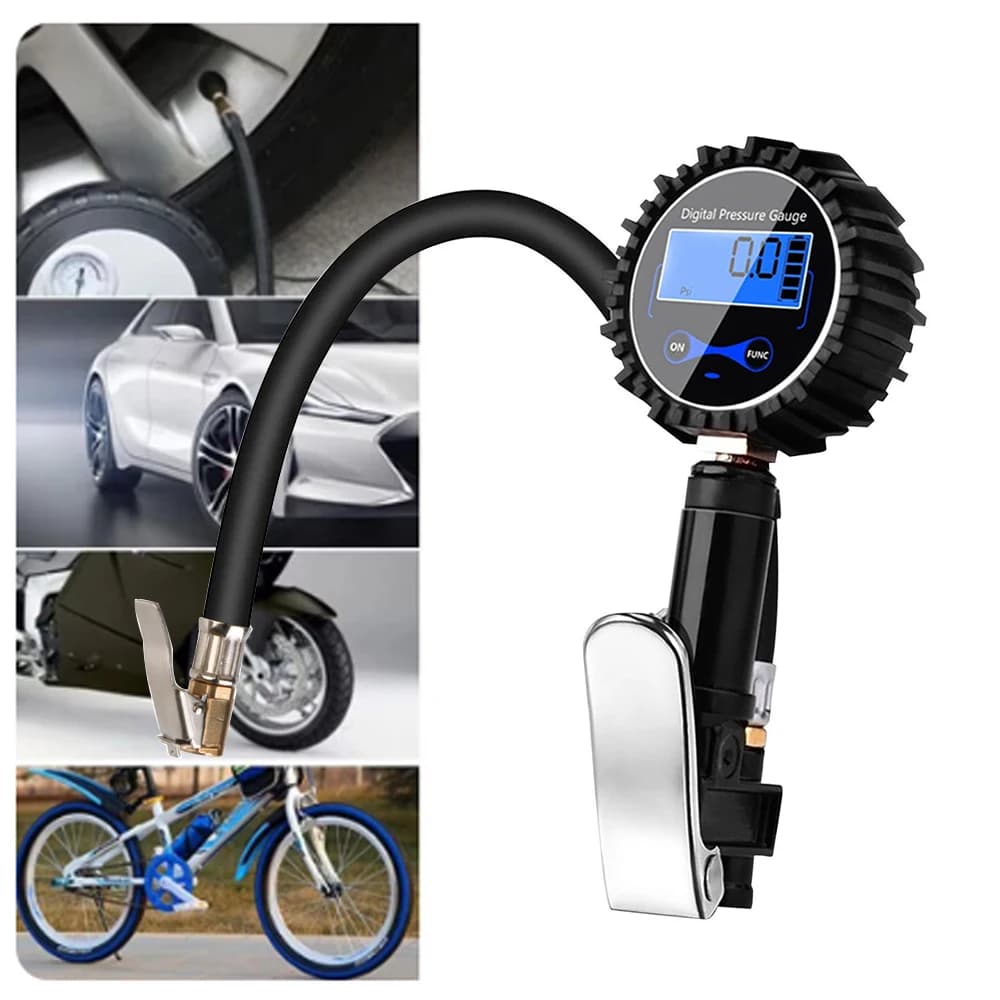 Con manometro per pneumatici Gonfiatore Tester per pneumatici per auto Adattatore clip-on Monitor di gonfiaggio per tubi flessibili Manometro Pompa digitale per pneumatici per moto