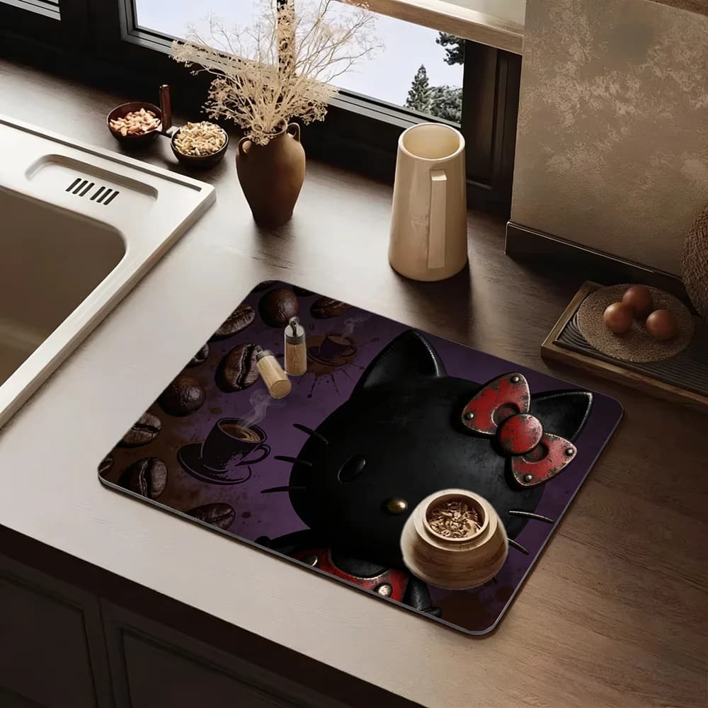 Tappetino da Cucina Industriale Nero con Stampa Hello Kitty e Fiocco Rosso, Base in Gomma Antiscivolo, Superficie in Tessuto Lavabile