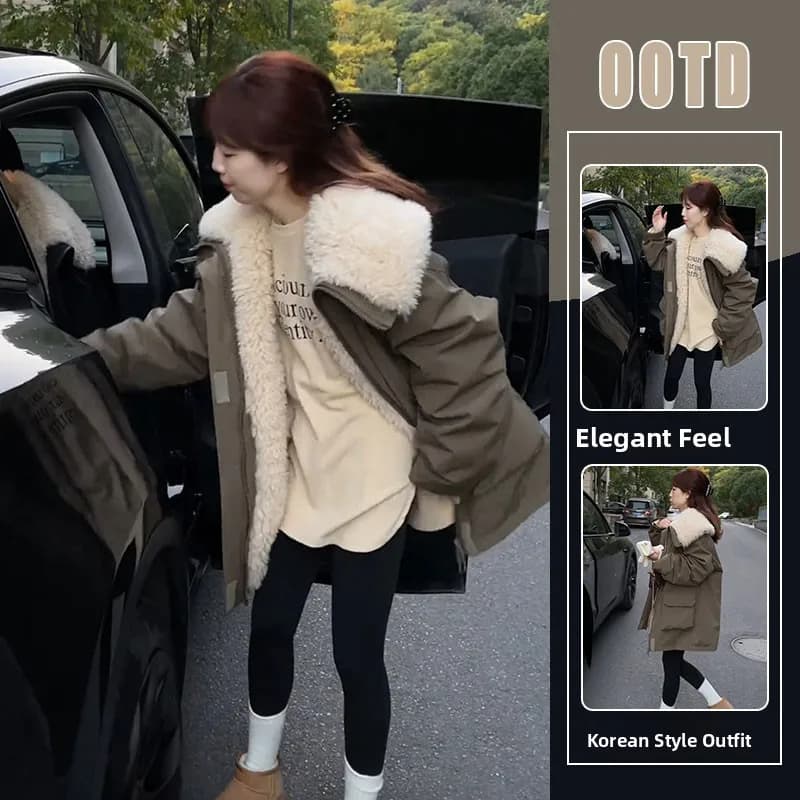 Thickened Warm Lamb Fur American Workwear Style Stand Collar down Jacket Cotton Coat Medium Length Zipper Sleeve Long Women's...