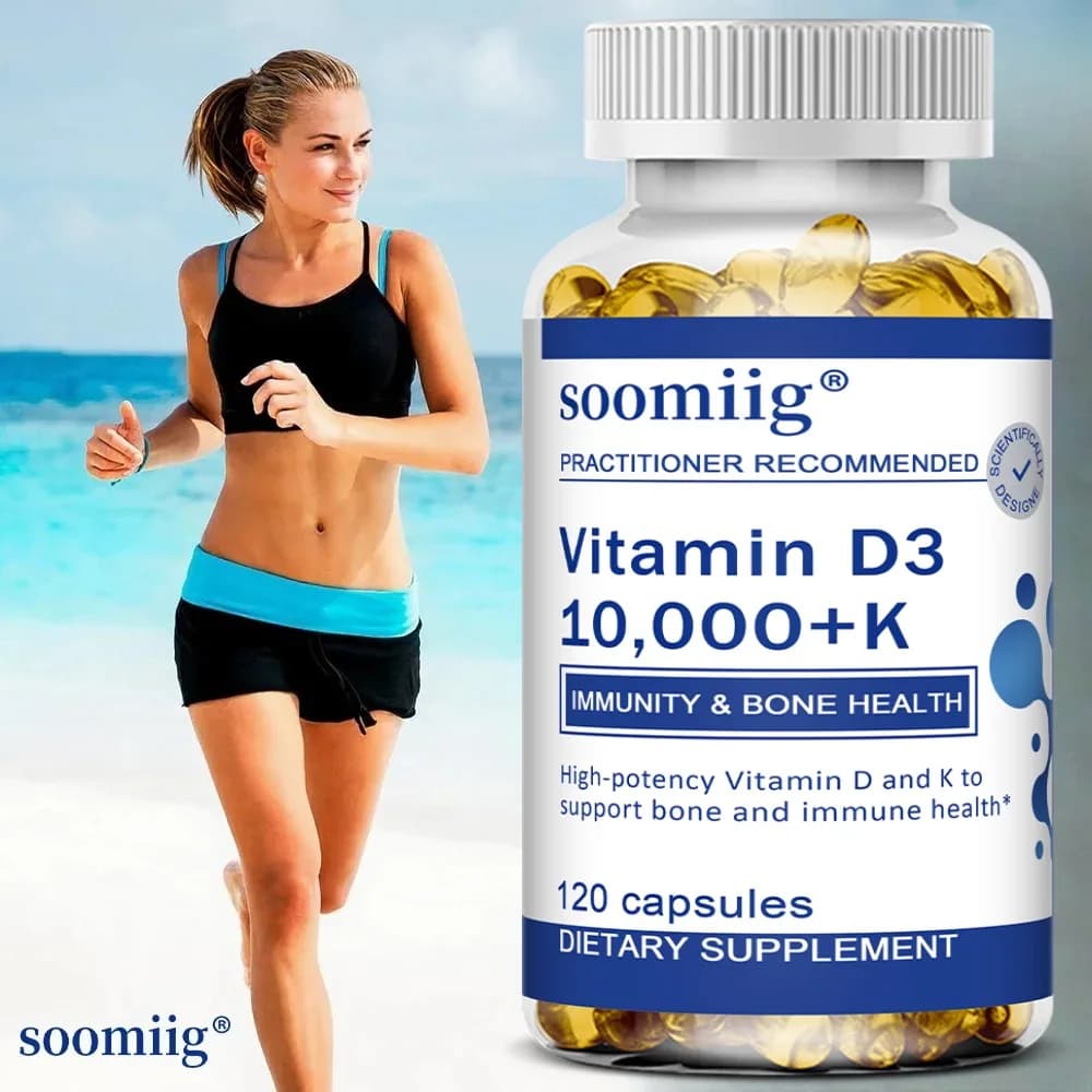 Vitamina D3 10000 UI in capsule molli, aiuta a mantenere ossa e denti sani, supporta il sistema immunitario, non OGM, senza glutine, senza soia.