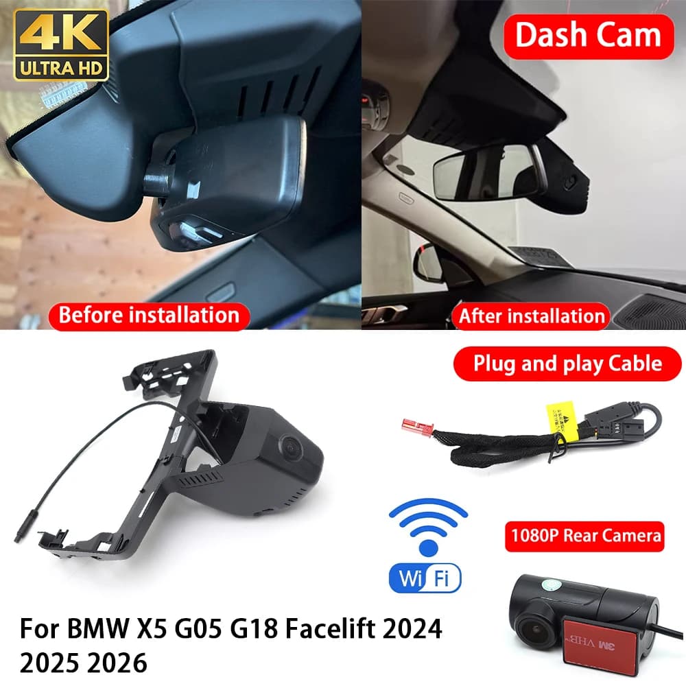 for BMW X5 G05 G18 Facelift 2024 2025 2026 4K Dash Cam Front Rear Car Camera DVR Wifi Plug & Play Video Recorder Loop Recording