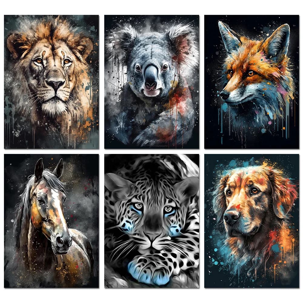 Kit Pittura Diamante 5D Fai da Te Senza Cornice, Animali Leone Koala Tigre, Kit Punto Croce, Ricamo Rotondo a Copertura Totale, Quadro Mosaico Artistico con Strass