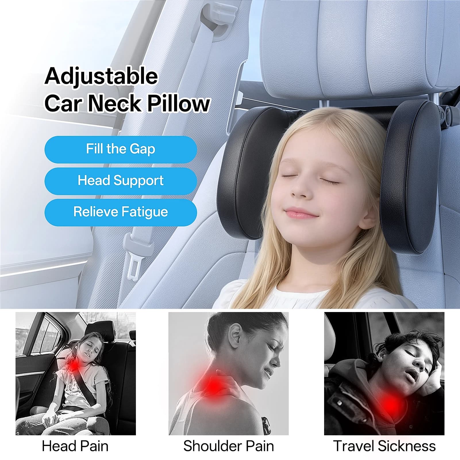 Cuscino Ergonomico per Auto, Poggiatesta in Pelle PVC Durevole con Memory Foam, Cuscino Comfort per Tutte le Stagioni per Viaggi e Riposo