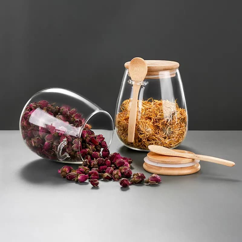 Barattolo di vetro con coperchio ermetico in legno e cucchiaio integrato, contenitore in vetro per alimenti per piano di lavoro della cucina e dispensa, set da 3