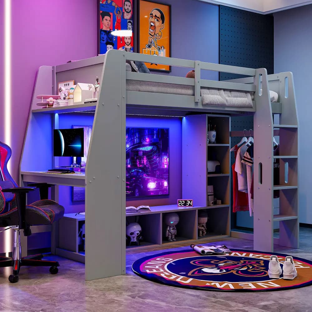 Letto a Soppalco per Gaming in Legno, Misura Twin, con Scrivania, Scaffali Multiuso, LED e Appendiabiti, Grigio