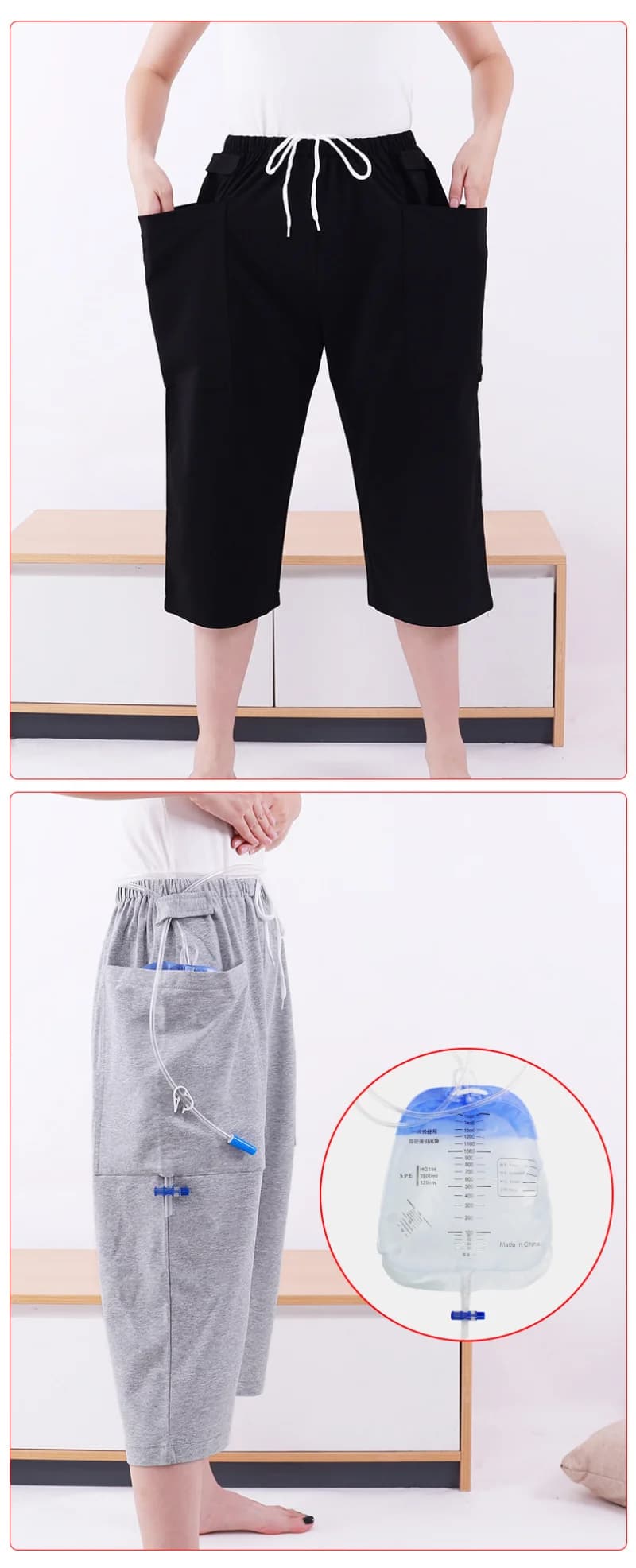 Pantaloni per Pazienti con Tasca per Sacca Urinaria, Chiusura a Zip per Cistostomia e Fistola, Abbigliamento per Drenaggio e Cura del Paziente