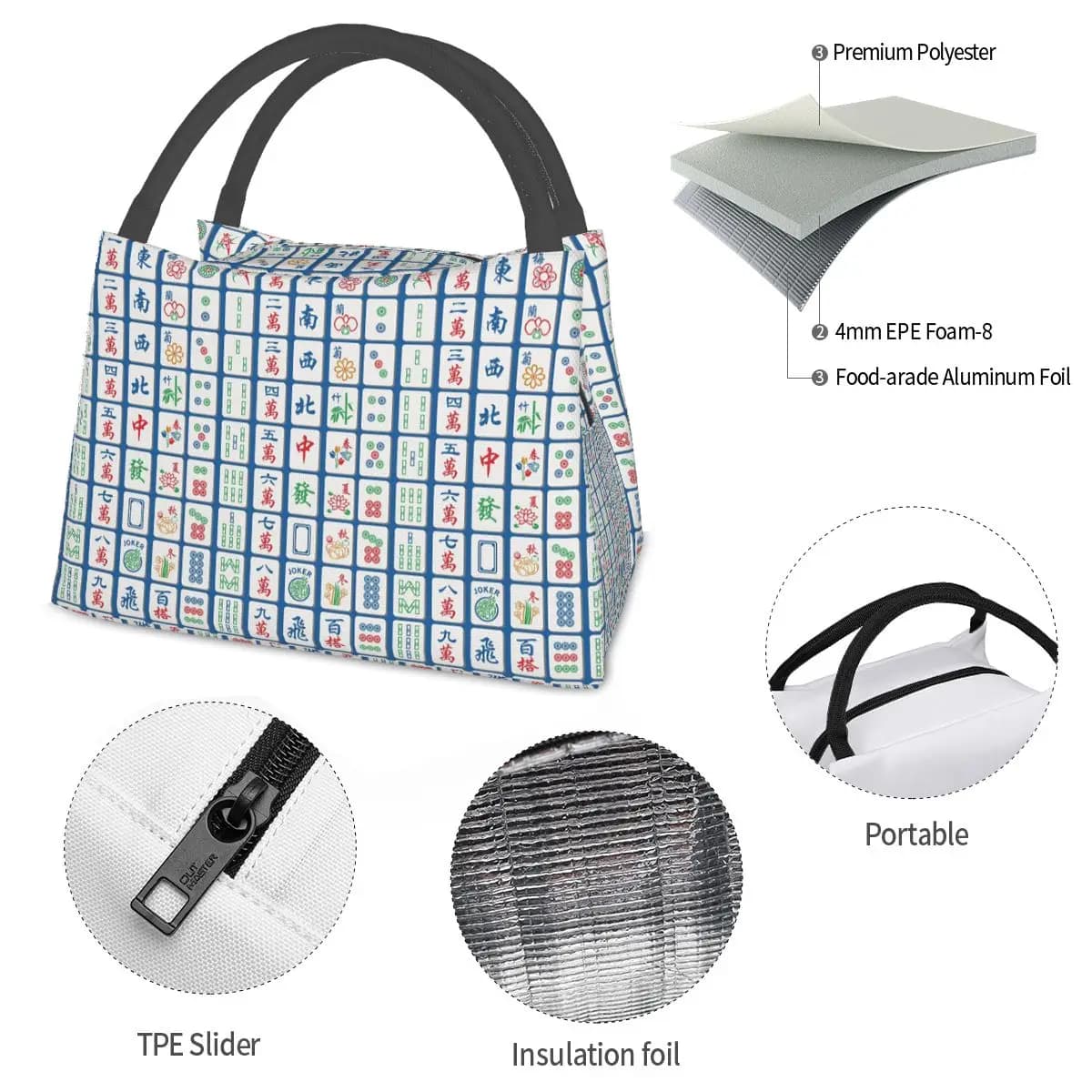 Mahjong Tiles On Blue Insulated Lunch Bag for School Picnic Storage Food Boxes Portable Container Cooler Thermal Lunch Box Tote
