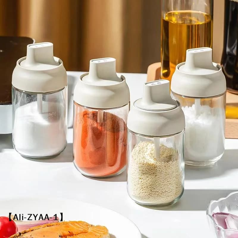 【A】250ML Glass Oil Bottle with Lid Spoon Moisture-Proof, Pepper Salt Shaker Jar Multi-Purpose Combination, Kitchen Seasoning