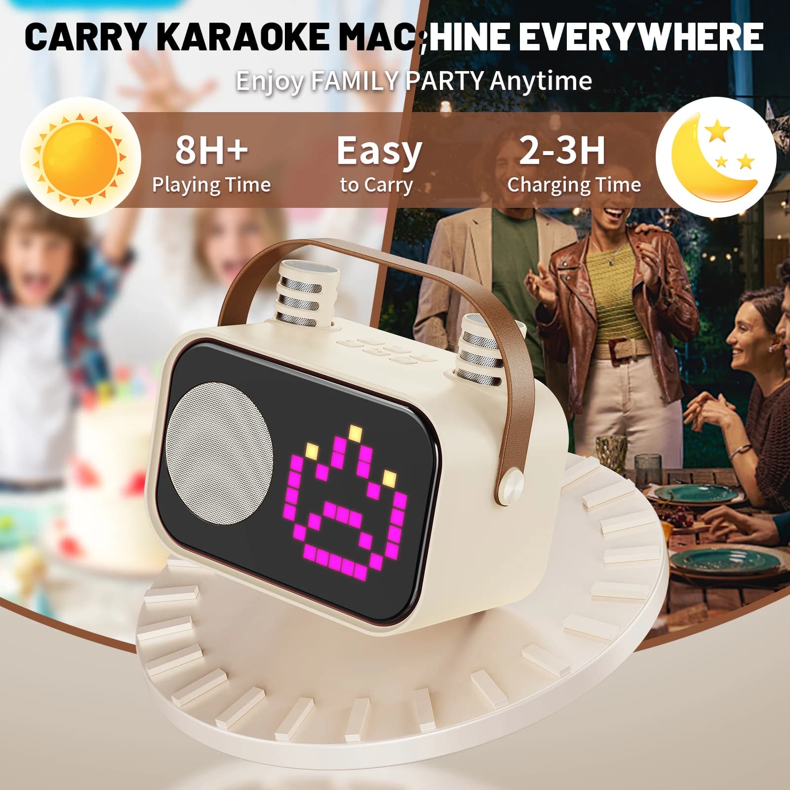 Mini Macchina per Karaoke per Bambini e Adulti, Altoparlante Karaoke Bluetooth Portatile con 2 Microfoni Wireless e Luci LED Colorate, per Feste di Compleanno a Casa