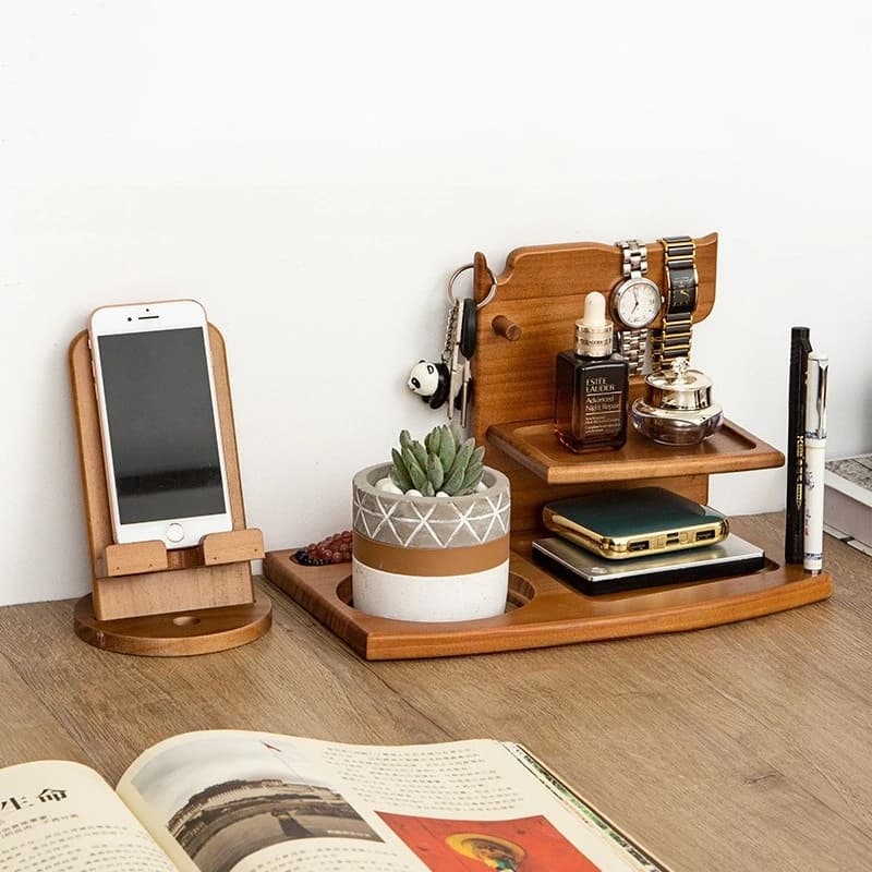 Wooden Multifunctional Desktop Storage Rack Bedside Organizer for Phone Watch Ring Glasses Headphones