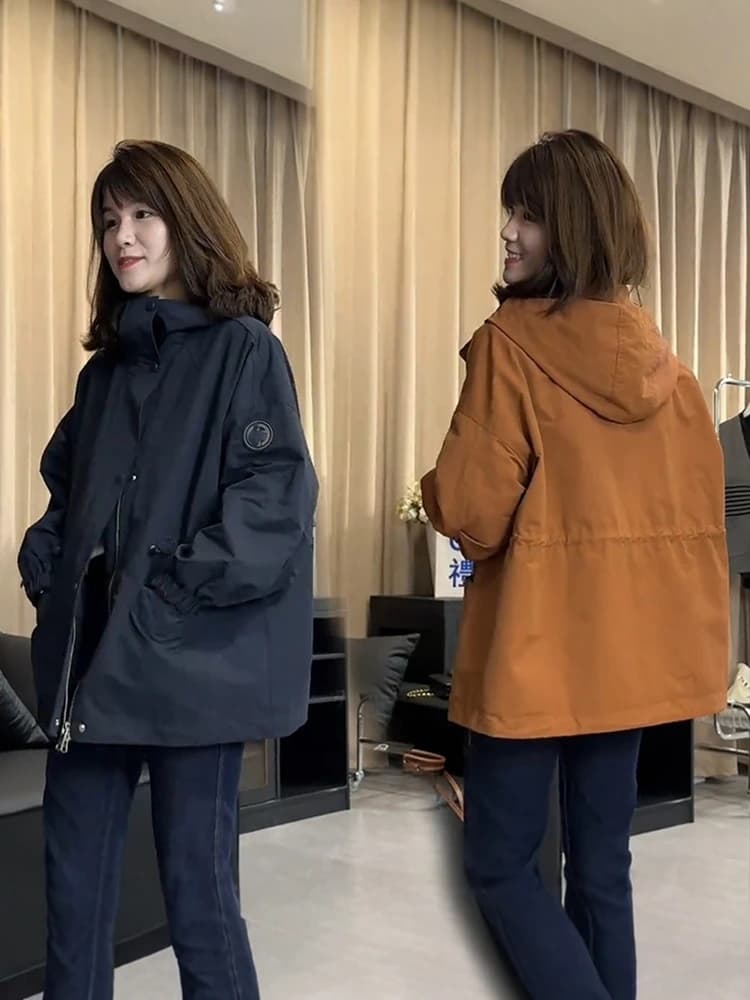 Giacca in Cotone a Mezza Lunghezza per Donna, Design Casual e Comodo, Stile Workwear, Chiusura con Cerniera, Cappuccio, Antivento, per Primavera e Autunno