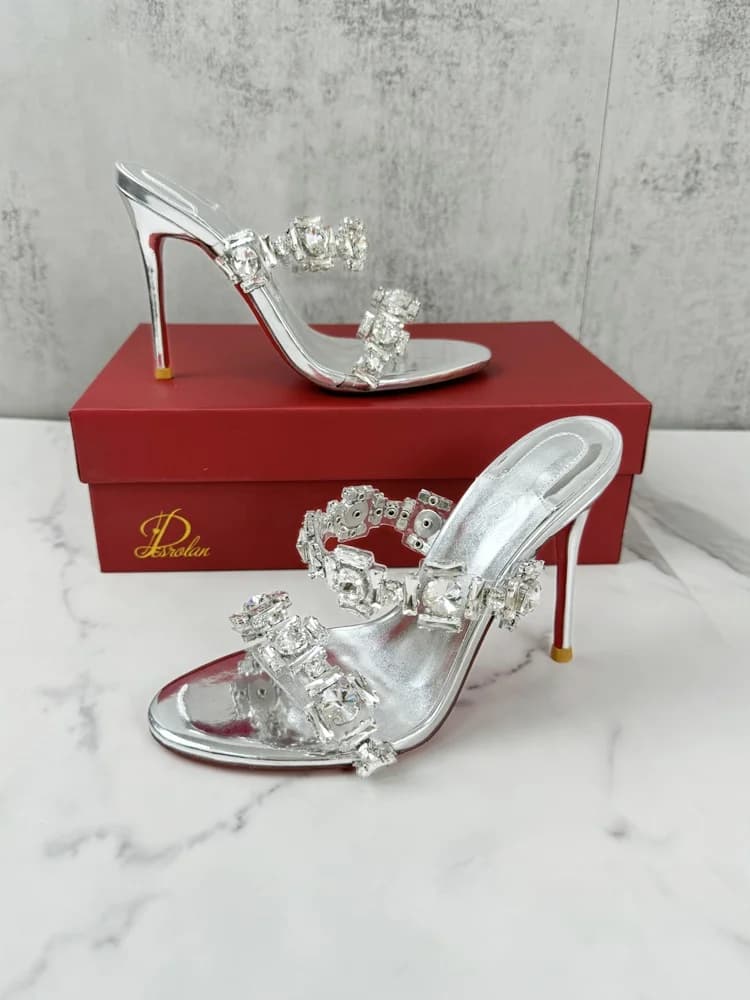 Outdoor Women's Summer Clothing Diamond Sandals, New Single Piece Shoes with High Heel, Fashionable Silver Sandals and High Band