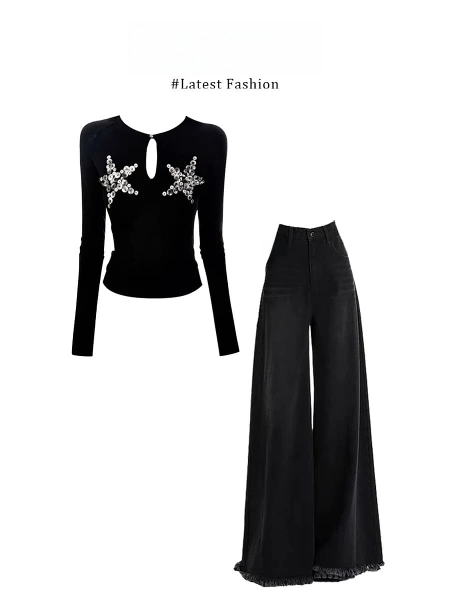 Black Handmade Star Embellished Buttoned American Hot Girl Style Women's Top And Jeans Set with Frayed Edges for Spring Season