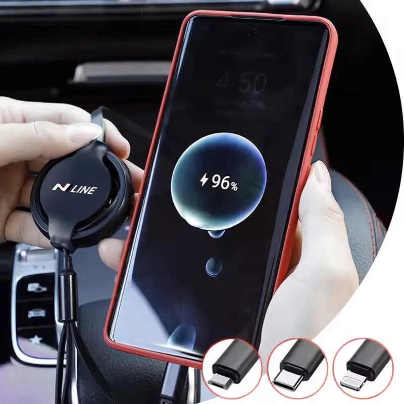 For Hyundai N Line Tucson I30 Santafe Accent Kona Elantra Ioniq Car 3 In 1 Retractable Micro Data Wire USB Type C Fast Charging